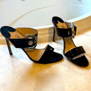 Manolo Blahnik Black Patent a leather Big Buckle Sandal, Sz 38.5